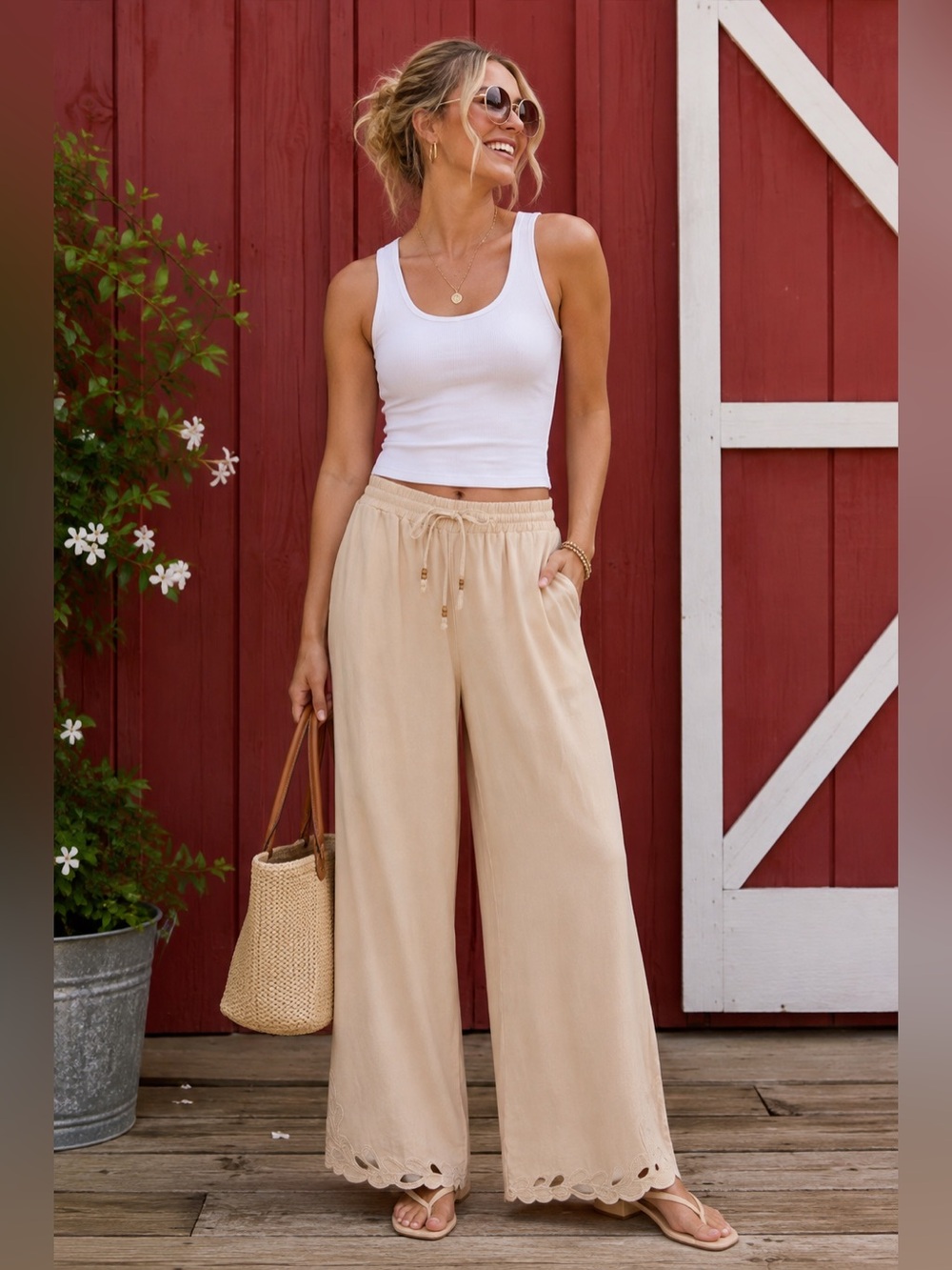 Ellen Tracy Embroidered Eyelet Wide Leg Linen Blend Pants Size Small
